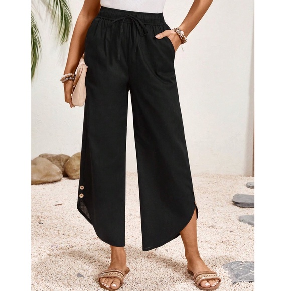 072 Classic Black Stretchy Waist Cotton Cropped Pants - Picture 5 of 5